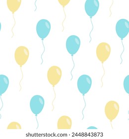 Seamless pattern with festive balls in blue and yellow on a white background. Festive print for product designs for birthdays and other holidays