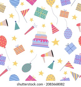 Seamless pattern with Festive Birthday Party objects. Gift boxes and confetti, balloons and flags, cake and caps isolated on white background. Colorful vector illustration in flat cartoon 