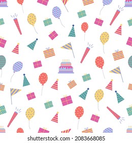 Seamless pattern with Festive Birthday Party objects. Gift boxes and confetti, balloons and flags, cake and caps isolated on white background. Colorful vector illustration in flat cartoon 