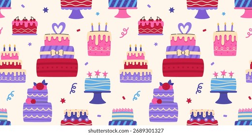 Seamless pattern with festive cakes. Birthday and holiday elements. Flat vector illustration.