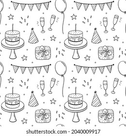 Seamless pattern with festive cakes, party hats, gifts, champagne and garlands. Vector hand-drawn illustration in doodle style. Perfect for birthday designs, wrapping paper, cards, invitations