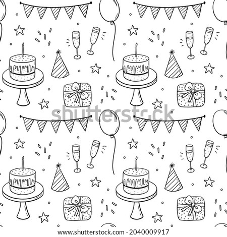 Seamless pattern with festive cakes, party hats, gifts, champagne and garlands. Vector hand-drawn illustration in doodle style. Perfect for birthday designs, wrapping paper, cards, invitations