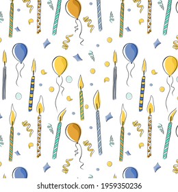 Seamless pattern with festive candles and balloons. Hand drawn. Candles for a birthday cake.