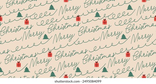 Seamless pattern of festive Christmas beige color with drawing and handwritten text Merry Christmas, gift boxes, trees, decorations and holiday icons. Perfect for wrapping paper, greeting cards