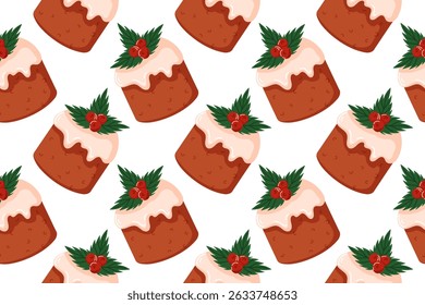Seamless pattern with Festive Christmas cake topped with white icing, holly leaves and red berries in cartoon style. Ideal for kitchen design, greeting card or culinary menu.