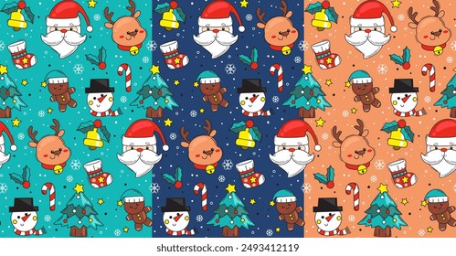 Seamless pattern, Festive Christmas cartoon vector illustration featuring adorable characters including Santa Claus Perfect for holiday greeting cards, decorations, and festive designs.