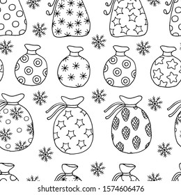 Seamless pattern of festive Christmas gift bags and snowflakes, coloring page for kids and adults