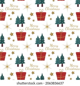 Seamless pattern with festive Christmas gift, trees in snow, stars and snowflakes on white background. Bright print for New Year and winter holidays for wrapping paper, textile and design