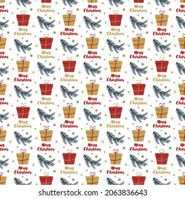 Seamless pattern with festive Christmas gift, spruce branch, stars and snowflakes on white background. Bright print for New Year and winter holidays for wrapping paper, textile and design