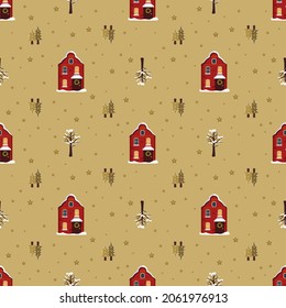 Seamless pattern with festive Christmas houses, trees in snow and stars on cold background. Bright print for New Year and winter holidays for wrapping paper, textile and design