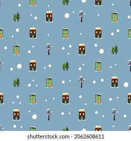 Seamless pattern with festive Christmas houses, trees in snow and snowflakes on blue background. Bright print for New Year and winter holidays for wrapping paper, textile and design