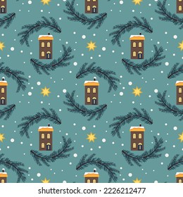 Seamless pattern with festive Christmas houses, tree branches, stars and snowflakes on blue background. Bright print for the New Year and winter holidays for wrapping paper, textiles and design.