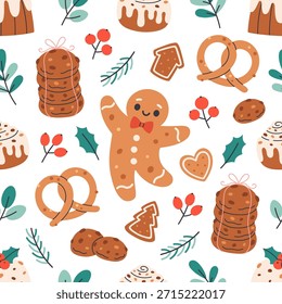 Patrón sin fisuras con pasteles de Navidades festivas. Dulces de vacaciones de invierno. Diseño para el Anuncio, Fondo de pantalla, papel de embalaje, fondo, tarjeta, cartel. Ilustración vectorial en estilo plano