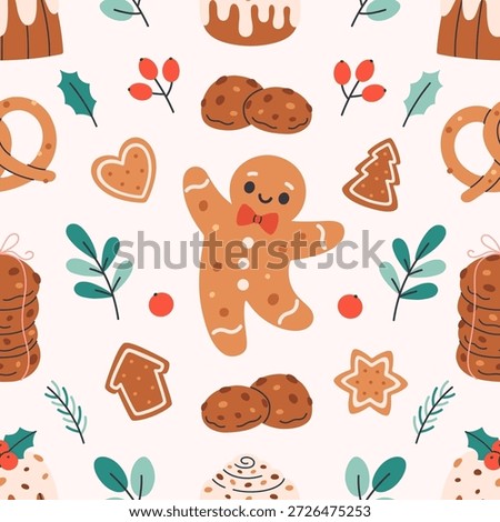 Seamless pattern with festive Christmas pastry. Winter holiday sweets. Design for banner, wallpaper, wrapping paper, background, card, poster. Vector illustration in flat style