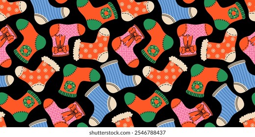 Seamless pattern of festive Christmas socks on a black background. Cozy stockings with snowflakes and holiday motifs. Ideal for winter wrapping paper, textiles, seasonal decor, and festive designs.