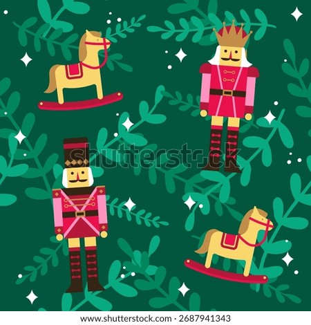 Seamless Pattern Festive Christmas with Toy Soldier and Rocking Horse