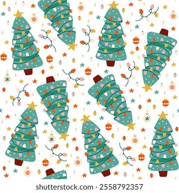 Seamless pattern with festive Christmas trees, decorations, stars, snowflakes, and gifts. Perfect for wrapping paper, tablecloths, and decor, it creates a cozy, cheerful holiday atmosphere