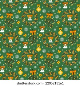 seamless pattern with festive christmas wreath and bells