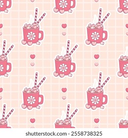 Seamless pattern with Festive cup with Hot Cocoa with Marshmallows on checkered light background with hearts. Vector illustration. Holiday sweet drink ornament