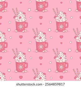 Seamless pattern with Festive cup with Hot Cocoa, cream dessert with Marshmallows hearts on pink background with stars. Vector illustration. Romantic sweet backdrop valentine.