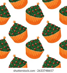 Seamless pattern with festive cupcake decorated like a Christmas tree with green frosting in cartoon style. Perfect for holiday design, card and bakery wallpaper.