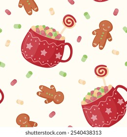 Seamless pattern. Festive cute mugs with cocoa, marshmallows and caramel. Gingerbread. Cozy drink. Vector illustration in a flat style.