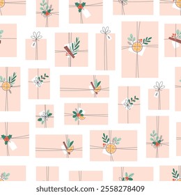 Seamless pattern with festive decorated gift boxes. Christmas presents. Vector illustration in flat style