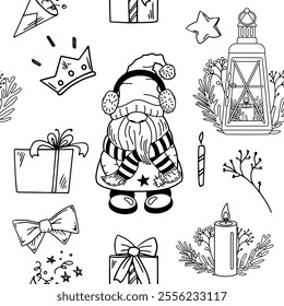 Seamless pattern with festive dwarfs and holiday decor elements