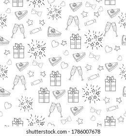 Seamless pattern with festive elements, black and white. Vector hand drawn illustration. Doodle style, for your design projects.