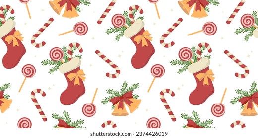 Seamless pattern with festive elements. Christmas stocking with gifts, bells, candy canes on white background.