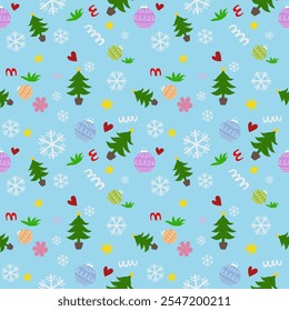Seamless pattern with festive elements such as Christmas trees, snowflakes, stars, hearts and ornaments. The design has a light blue background. It creates a cheerful and winter atmosphere.