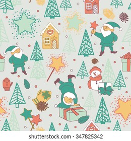Seamless pattern with festive elves and Christmas trees.
