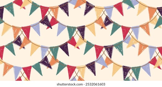 Seamless pattern festive flag garland. Retro bunting in simple, brush strokes. Colored carnival, birthday, circus border decoration. Vector Seamless pattern String Flag.