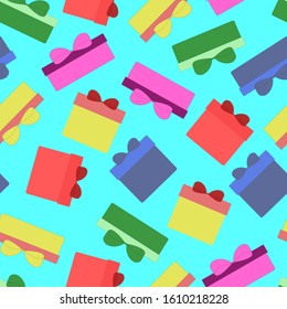 Seamless pattern of festive flat boxes with bow. Bright packaging on a blue background. Flat cartoon style. Vecor. Decor element for wrapping paper, fabric.