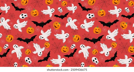 Padrão contínuo. Ícones engraçados de Halloween festivos. Morcego, teia de aranha, fantasma, crânio, ossos, abóbora. Papel de parede, embalagem de design, têxteis de decoração.