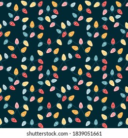 Seamless pattern festive garland with glowing light bulbs. Holiday background for new year, Christmas, birthday. Colorful garlands for greeting card, invitation, wrapping paper, textile, web page