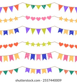 Seamless pattern with festive garlands with different patterns on white background. Colorful bunting and flags for holiday, Birthday party. Vector flat illustration for wallpaper, textile, packaging