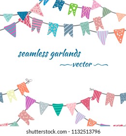 Seamless pattern festive garlands, flags, decor on a white background