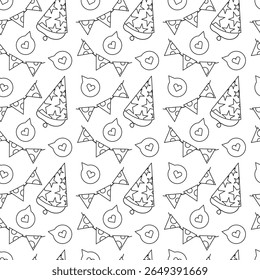 Seamless pattern with festive garlands, party hats, outline style on white background. Perfect for birthday, party design, wrapping paper, cards, invitations, and packaging.