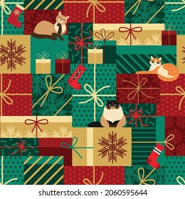 seamless pattern of festive gift boxes and cute cats. christmas colorful background. flat drawing in cartoon style. stock vector illustration. EPS 10.