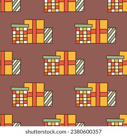 Seamless pattern with festive gift boxes. Merry Christmas and Happy New Year. Happy Birthday. Colorful vector illustration hand drawn doodle. Holiday present print for background