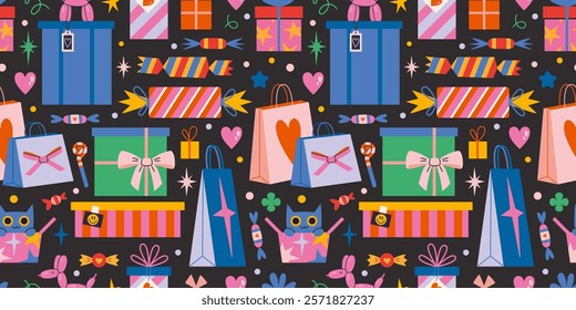 Seamless pattern with Festive gifts package, boxes and bags with decorations like ribbons and bows, wrapping paper. Trendy modern vector illustration on black background, hand drawn, flat design