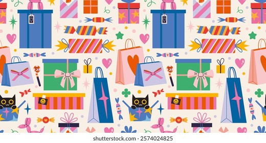 Seamless pattern with Festive gifts package, boxes and bags with decorations like ribbons and bows, wrapping paper. Trendy modern vector illustration on light background, hand drawn, flat design