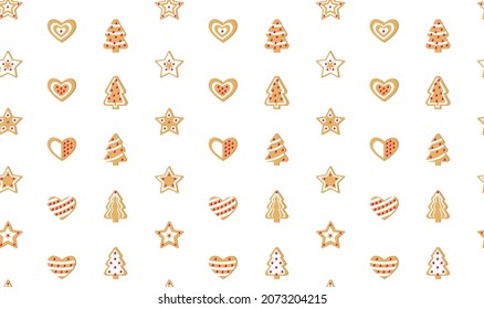 Patrón incomparable de galletas de jengibre festivas en forma de árboles de Navidad, corazones y estrellas de fondo blanco. Plantilla de vectores para su diseño de Año Nuevo, papel de envoltura, papel tapiz, textil