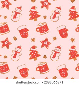 Seamless pattern with festive gingerbread cookies of different shapes