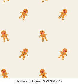 Seamless pattern of festive gingerbread cookies on a light background. Vector illustration, ideal for Christmas wrapping and holiday projects.