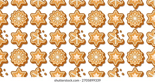 Patrón sin fisuras de galletas de jengibre festivas con glaseado en Formas de estrellas y copos de nieve, perfecto para diseños de vacaciones