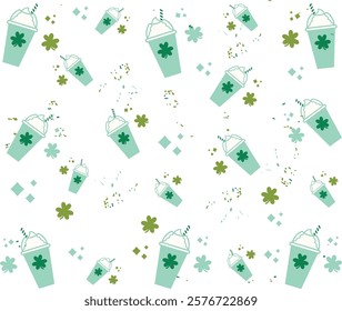 A seamless pattern with festive green cups adorned with shamrocks, surrounded by clovers and decorative elements. Perfect for St. Patrick’s Day themes, celebratory designs, and holiday decor