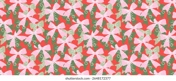 Seamless pattern with festive green and pink bows. Endless background for gift wrapping, decoration and celebration. Vector.