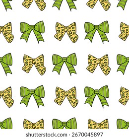 Seamless pattern with festive green and yellow bow on white background. Vector image.